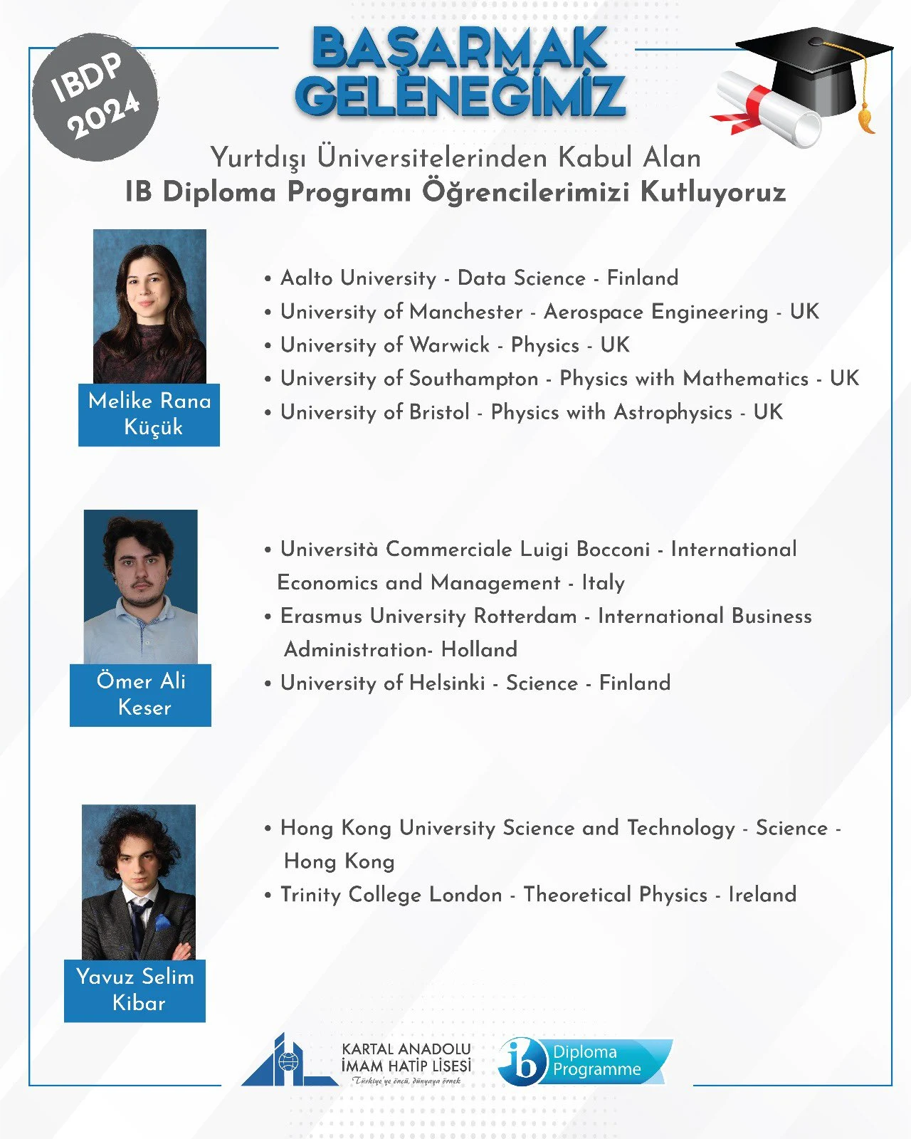 Yurtdışı Üniversitelerinden Kabul Alan IB Diploma Programı Öğrencilerimiz